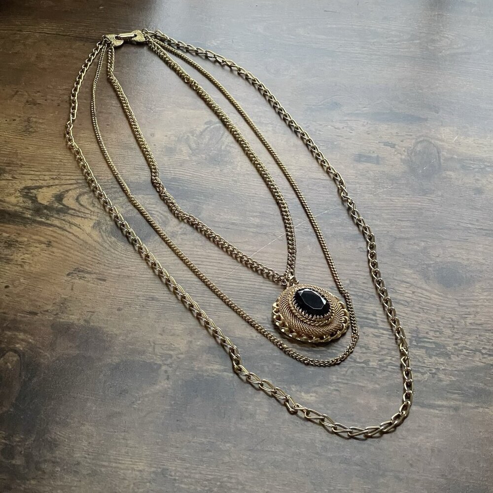 Vintage 70s Victorian Revival Necklace 24" Triple Strand Gold Tone Purple Glass - Picture 3 of 12